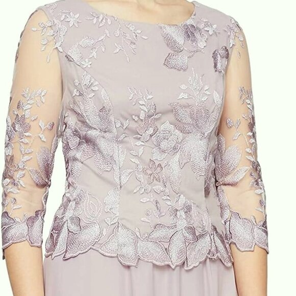 Alex Evenings Smokey Orchid Grey Illusion Sleeve Embroidered Midi Dress - Picture 1 of 4